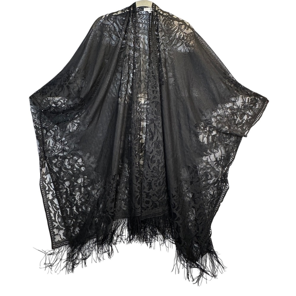 Everleigh Black Floral Lace Fringe Kimono Wrap Duster Cardigan L/XL